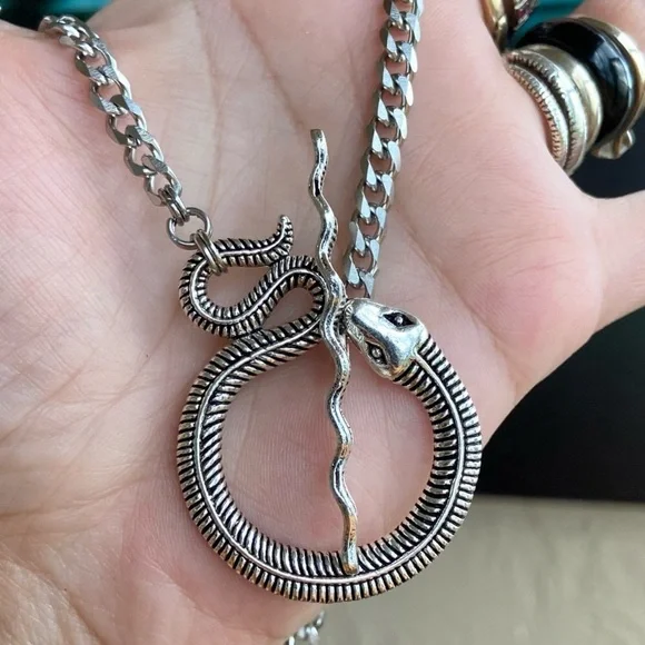 Snake goth silver choke necklace with stainless steel Cuban chain link - Picture 4 of 6